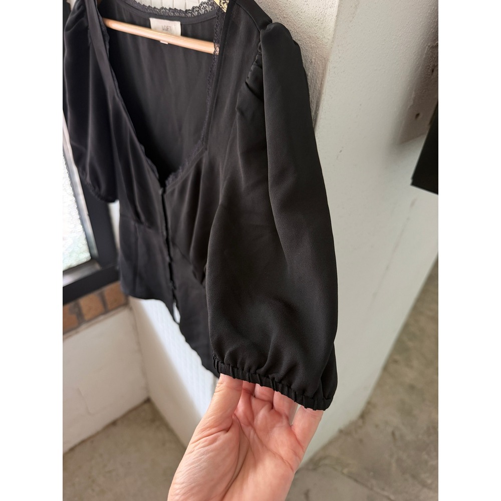 LOFT Black Lace-Trim Puff Sleeve Button Front Top - Picture 4 of 9